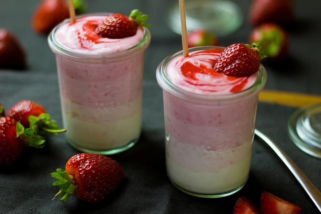 Strawberry yoghurt in glass jars