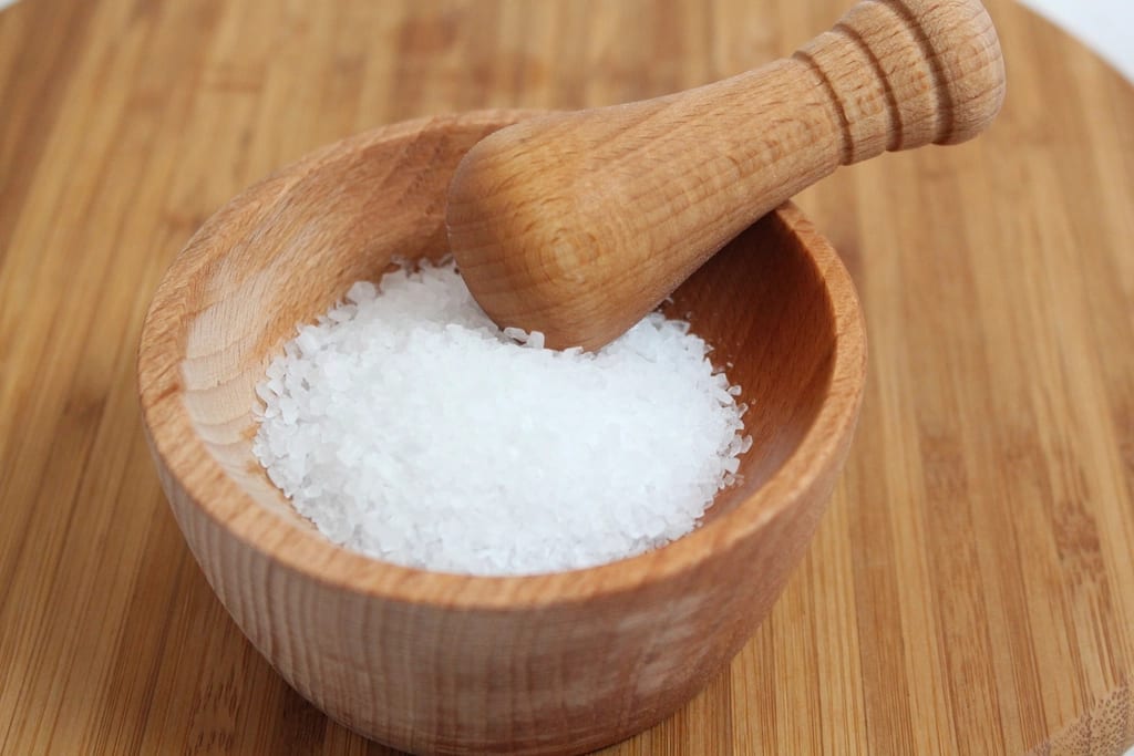 Sea salt in a wooden mortar
