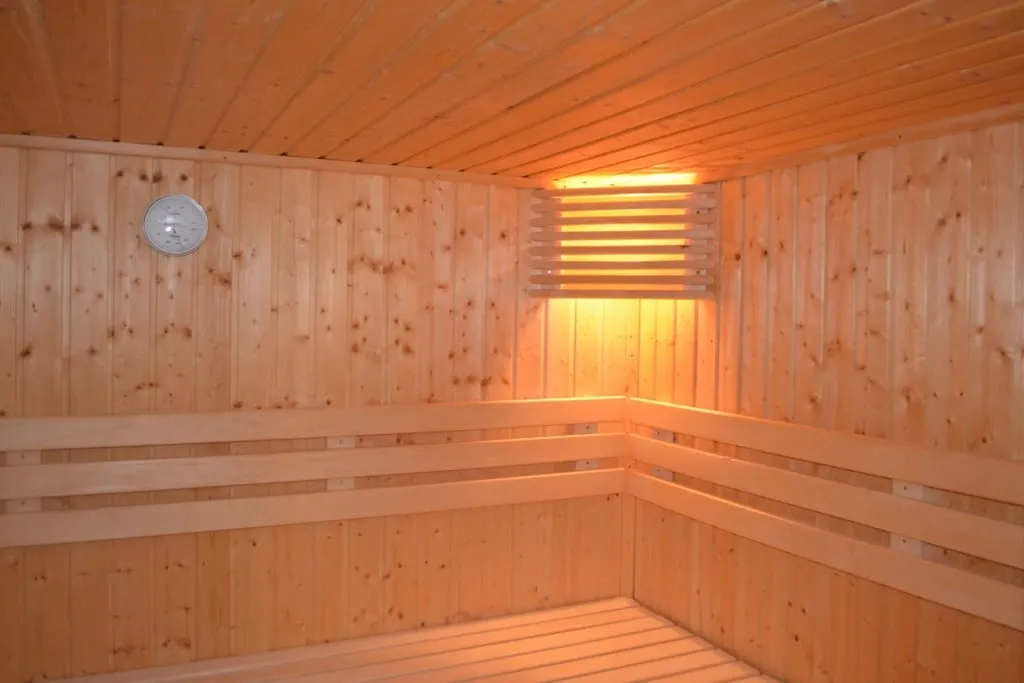 The interior of a wooden sauna